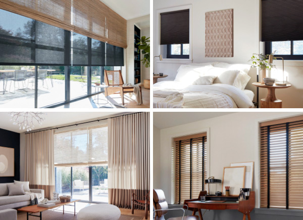 Four images featuring various window treatments in multiple areas
