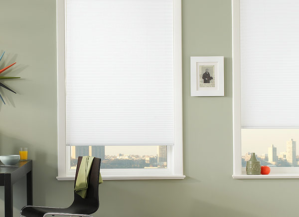 Two windows with a sky line view featuring cellular shades in 3/4 single cell white in a kitchen with green walls and table