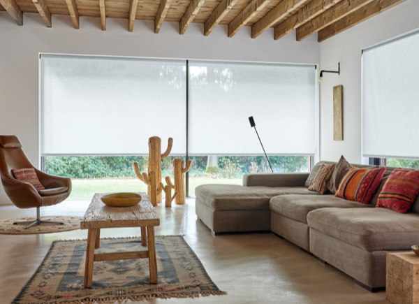 Large windows featuring roller shades in 3 percent thermo cloud in a living room with brown seating and four wooden cacti
