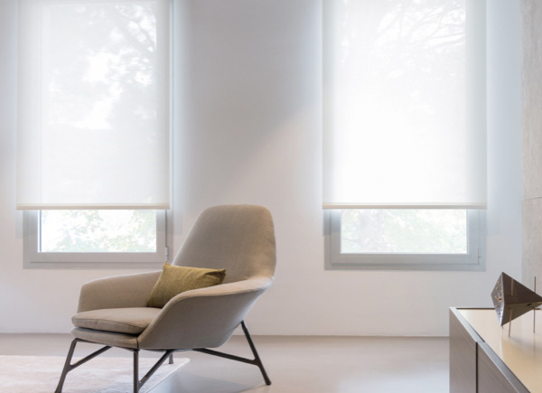 Room with 2 windows featuring Better Basics Roller Shades in the color White behind a neutral colored arm chair Room with 2 windows featuring Better Basics Roller Shades in the color White behind a neutral colored arm chair