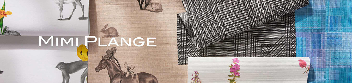 Mimi Plange logo over image of multiple partial window treatment swatches from the Mimi Plange collection with The Shade Store