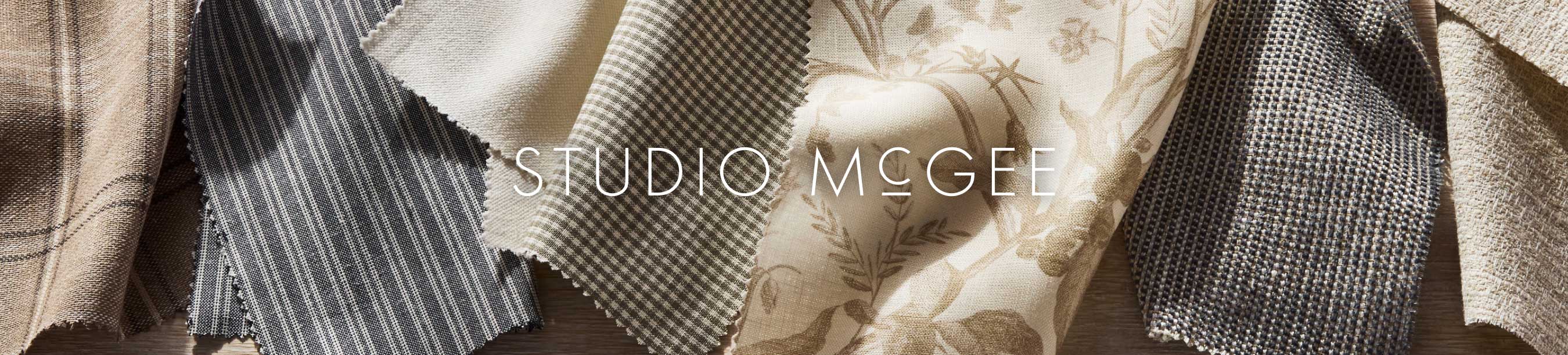 Close up of the Studio McGee Collection fabrics with Studio McGee's logo overlayed  
