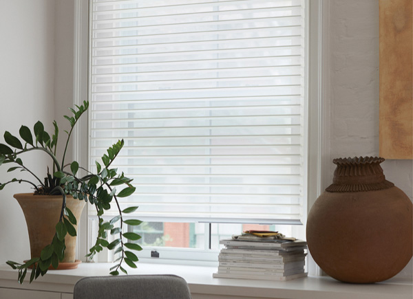 A bright office has a potted plant and pile of books in front of a window with Venetian Roller Shades made of Seaside, White