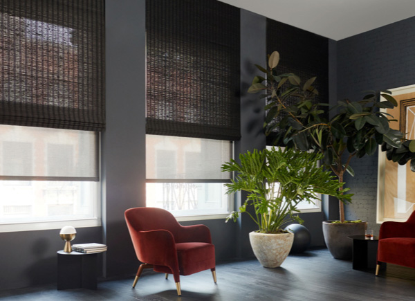 Three large windows featuring woven wood shades in atlantique espresso in a living room with dark walls and two red chairs