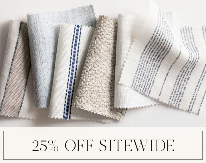 25% Off Sitewide in black text over an image of various colored material swatches with stripes.