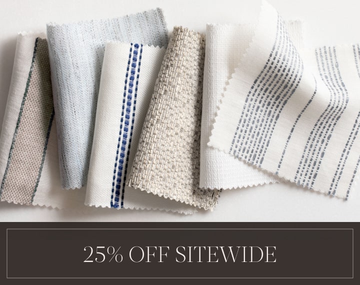 25% Off Sitewide in white text over an image of various colored material swatches with stripes.