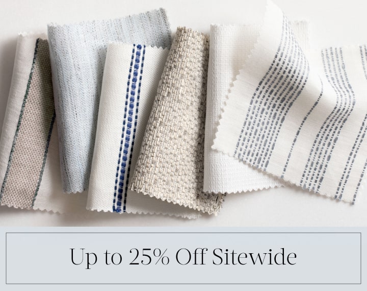 Up to 25% Off Sitewide in black text over an image of various colored material swatches with stripes.