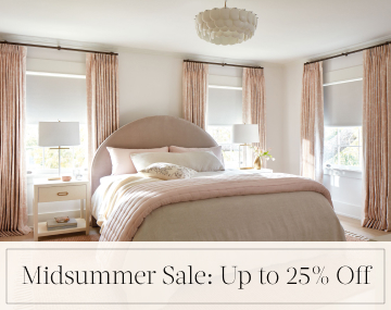 Blackout Drapery & Roller Shades darken a pink and white bedroom with overlaid text, Midsummer Sale: Up to 25% Off