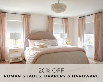 Tailored Pleat Drapery in Chinoiserie, Blush, and blackout Roller Shades cover bedroom windows with overlaid sales messaging