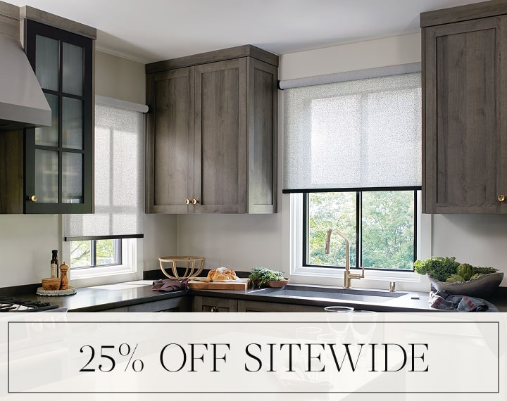 25% Off Sitewide in black text over an image of kitchen windows dressed with cordless Solar Shades.