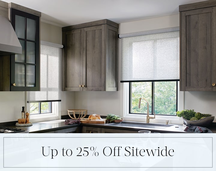 Up to 25% Off Sitewide in black text over an image of kitchen windows dressed with cordless Solar Shades.