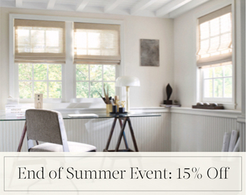 End of Summer Event: 15% Off written in black text over an image of Cordless Woven Wood Shades made of Grassweave in an office