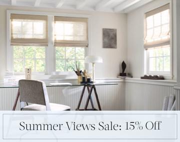 Cordless Woven Wood Shades made of Grassweave in Hemp hang in an office with sales messaging for Summer Views Sale: 15% Off
