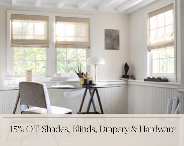 15% Off Shades, Blinds, Drapery & Hardware in black text over an image of Woven Wood Shades & Solar Shades on windows