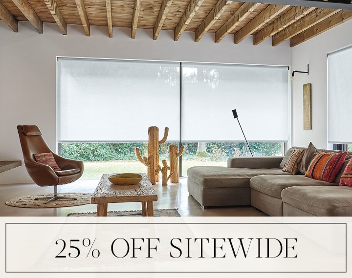 25% Off Sitewide in black text over an image of windows with energy efficient Roller Shades.
