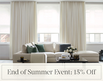 End of Summer Event: 15% Off written in black text over an image of a living room with Energy Efficient Drapery & Solar Shades