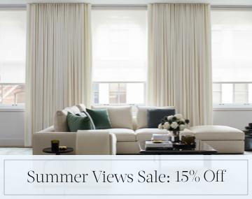 Energy Efficient Drapery & Solar Shades insulate a modern living room with sales messaging for Summer Views Sale: 15% Off
