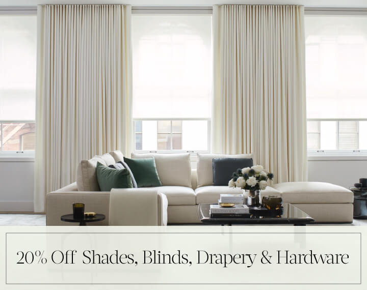 20% Off Shades, Blinds, Drapery & Hardware in black text over an image of a room with Energy Efficient Drapery & Solar Shades