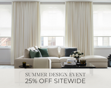 Energy Efficient Drapery & Solar Shades insulate a modern living room with sales messaging for Summer Design Event 25% Off