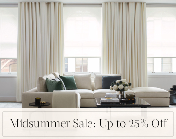 Energy Efficient Drapery & Solar Shades insulate a modern living room with overlaid text, Midsummer Sale: Up to 25% Off