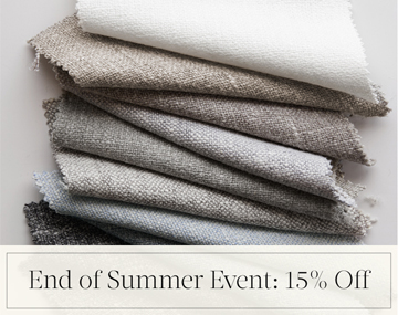 End of Summer Event: 15% Off written in black text over an image of various swatches of Luxe Sheer Linen on a white tabletop