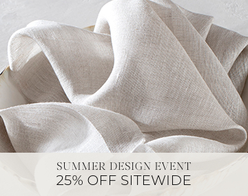 A swatch of Luxe Sheer Linen placed in a cream bowl on a white table top with sales messaging for Summer Design Event 25% Off