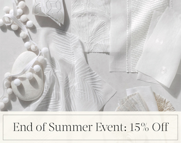 End of Summer Event: 15% Off written in black text over an image of white swatches and trim placed on a white tabletop