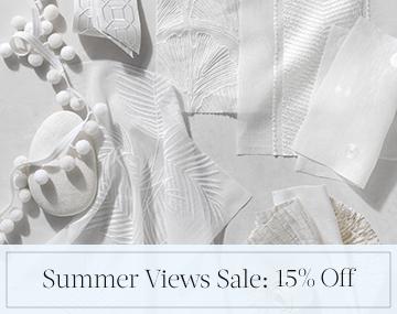 White swatches and trim from The Shade Store placed on a white table top with sales messaging for Summer Views Sale: 15% Off