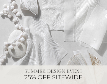 White swatches and trim from The Shade Store placed on a white table top with sales messaging for Summer Design Event 25% Off