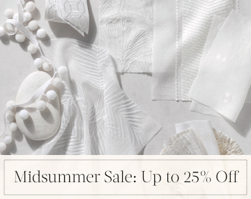 White swatches and trim from The Shade Store placed on a white table top with overlaid text, Midsummer Sale: Up to 25% Off