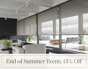 End of Summer Event: 15% Off written in black text over an image of a living room with Solar Shades made of 5% Metallic in Zinc