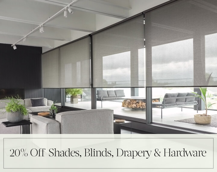 20% Off Shades, Blinds, Drapery & Hardware in black text over an image of a room with 5% Metallic in Zinc Solar Shades