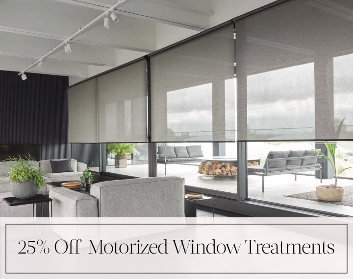 25% Off Motorized Window Treatments in black text over an image of windows with light filtering 5% Metallic Solar Shades.