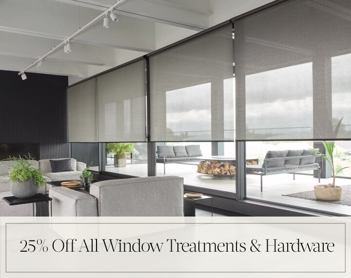 25% Off All Window Treatments & Hardware in black text over an image of a room with 5% Metallic in Zinc Solar Shades