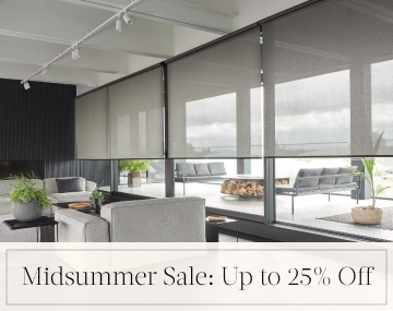 Solar Shades made of 5% Metallic in Zinc cover living room windows with overlaid text, Midsummer Sale: Up to 25% Off