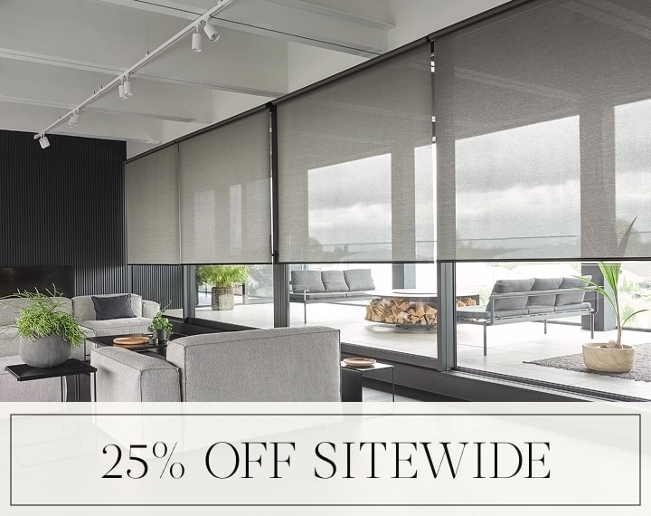 25% Off Sitewide in black text over an image of windows with light filtering Metallic Solar Shades.