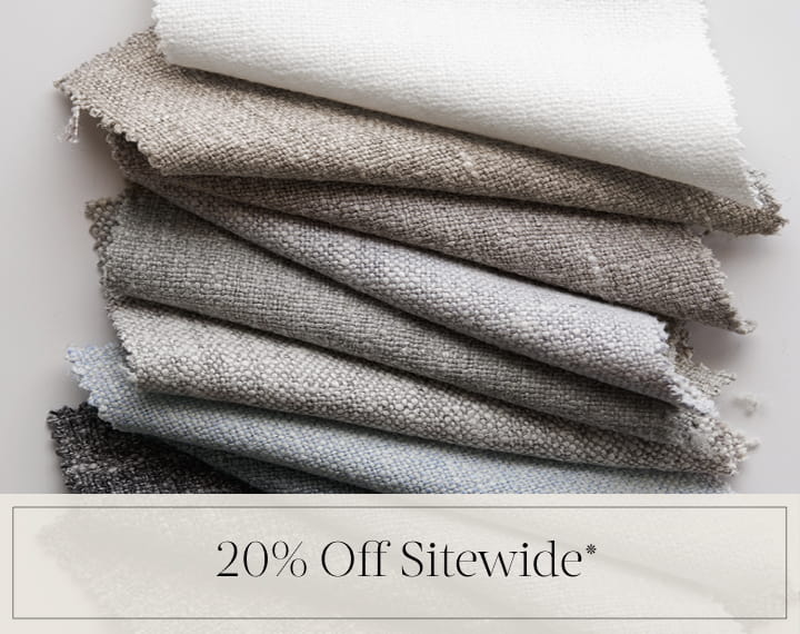20% Off Sitewide in black text over an image of various swatches of Luxe Sheer Linen.