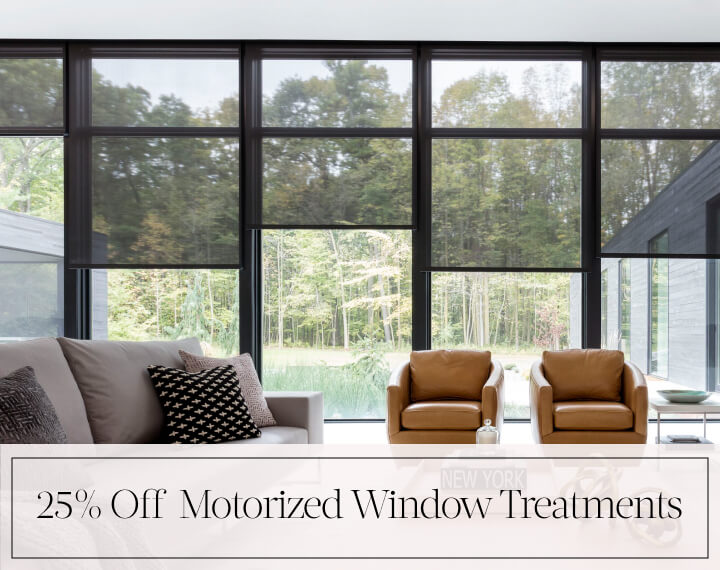 25% Off Motorized Window Treatments in black text over an image of living room windows dressed black Solar Shades.