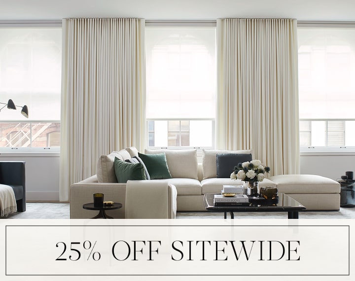 25% Off Sitewide in black text over an image of windows with motorized Drapery & Solar Shades.