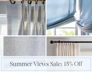 Four images show various window treatments on sale with overlaid sales messaging for Summer Views Sale: 15% Off
