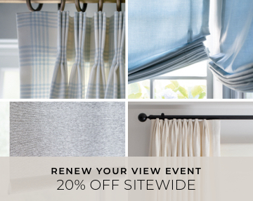 Four images of four windows featuring various window treatments on sale with overlaid sales messaging