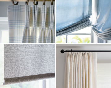 Four images of four windows featuring various window treatments on sale.
