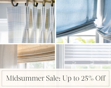 Four images show various window treatments on sale with overlaid text, Midsummer Sale: Up to 25% Off