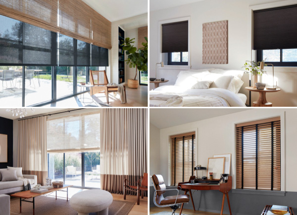 Four images featuring various window treatments in multiple areas 