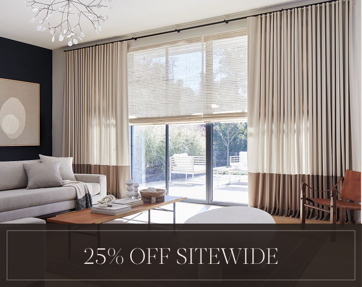 25% Off Sitewide in white text over an image of windows with Woven Wood Shades and Drapery.