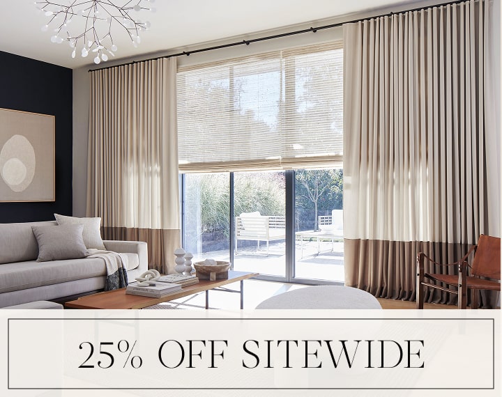 25% Off Sitewide in black text over an image of windows with Woven Wood Shades and Drapery.