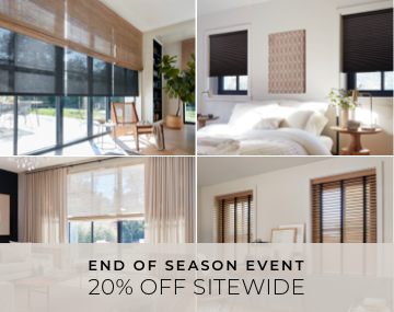 Four images featuring various window treatments including blinds in multiple areas with 20 Percent Sitewide text