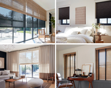 Four images show window treatments including shades, blinds and drapery in multiple rooms