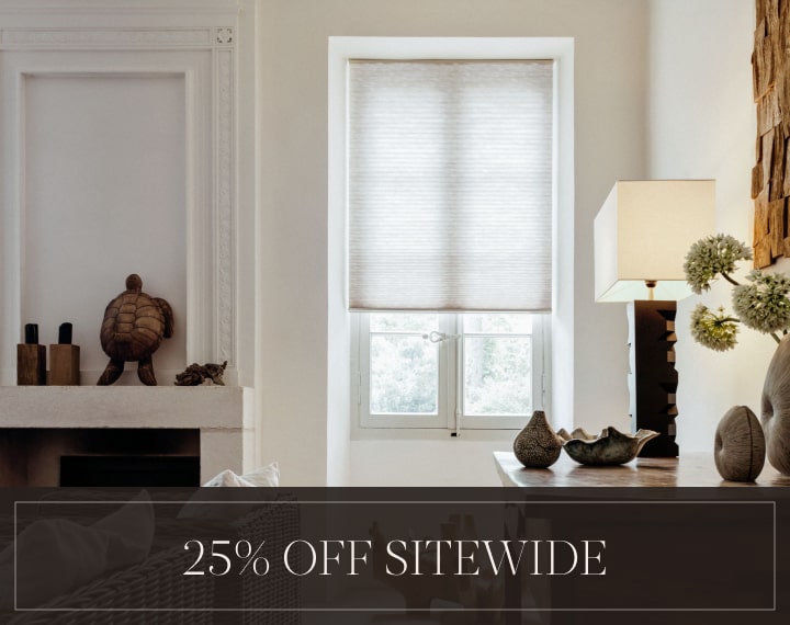 25% Off Sitewide in white text over an image of a window with light filtering Cellular Shades.