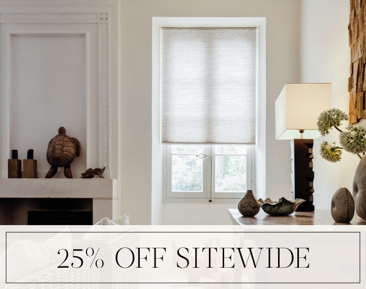 25% Off Sitewide in black text over an image of a window with light filtering Cellular Shades.